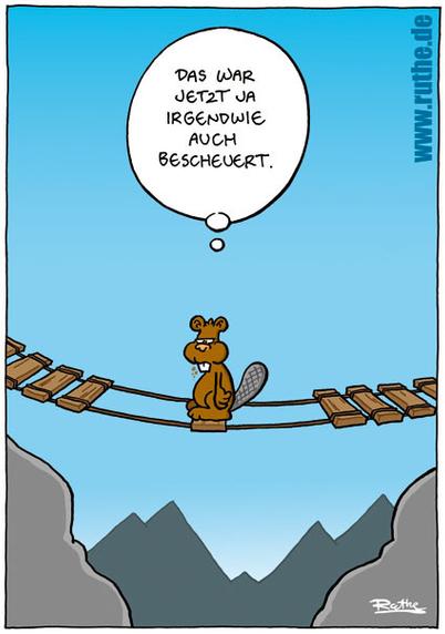 Ein kauender Biber mit vollen Backen auf einer Hängebrücke. Vor ihm und hinter ihm fehlen die Holzplanken, auf denen er laufen könnte. Er denkt: "Das war jetzt ja irgendwie auch bescheuert.".