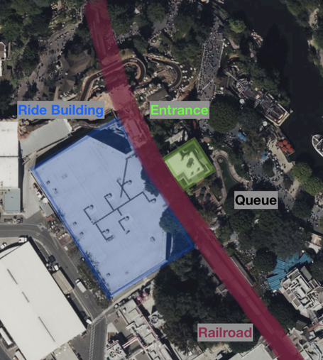 Aerial view of the Haunted Mansion at Disneyland (California).

The decorative small mansion building is highly themed and stands in the themed area of the park, inside the Disneyland Railroad track loop. The ride queue leads up to this building.

The actual ride building is outside of the railroad track loop, and is a big and boxy white building.