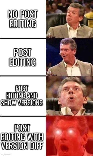 The Vince McMahon meme with those levels:

- No post editing
- post editing
- post editing and show versions
- post editing with version dioff