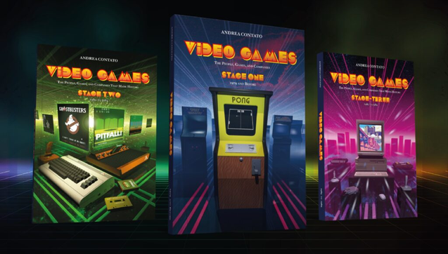 The covers of 3 books from Andrea Contato. They're titled "Video Games: The People, Games and Companies" Stages 1, 2 and 3. Each cover is a collage of different eras of video game history.