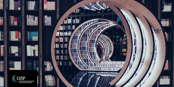 Modern book store with round shelf elements and mirrors, perspective in photo creating sense of a tunnel.
