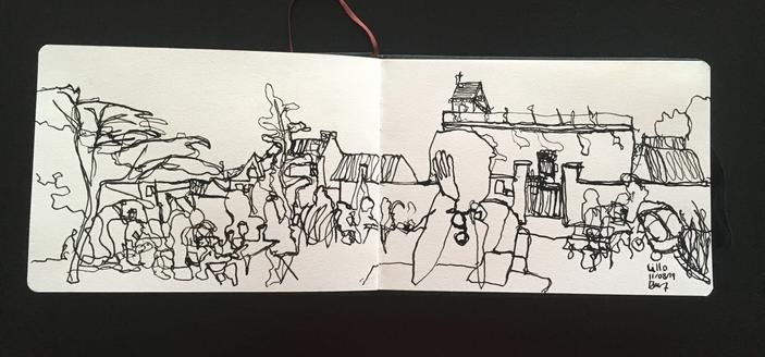 One line drawing of Lillo fort and people