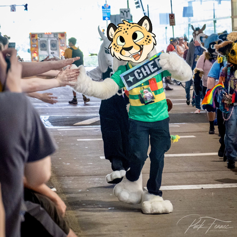 Giza in his Asriel fursuit photoshopped with a cheetah head and his SAVE sign altered to CHEE