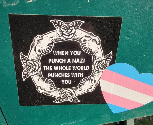 Two stickers spotted in Portland side-by-side. On the left is art I believe by NoBonzo (hands clasped in a circle with flowers blooming on the sides; the text reads: "WHEN YOU PUNCH A NAZI THE WHOLE WORLD PUNCHES WITH YOU"). On the right is a trans flag in the shape of a heart