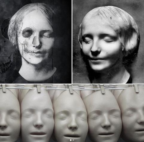 A compilation of three photos. The top left is the death mask based off the drowned woman's face with an anatomical overlay. The right is a sculpture of the woman's face. She seems at peace with a hint of a smile on her face. And the bottom photo is a bunch of modern rubber CPR masks based off the woman's face.