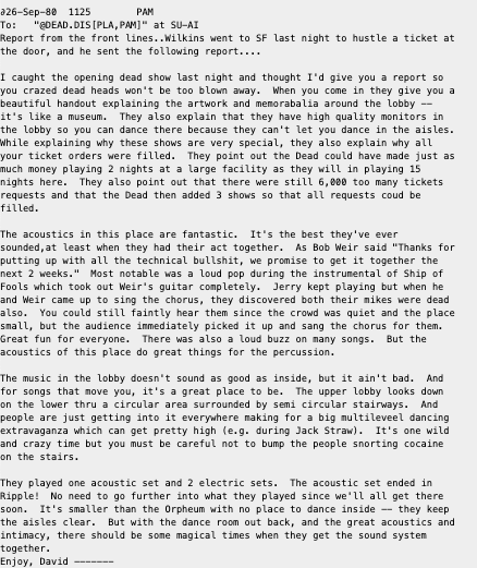 screenshot of review of the Dead at the Warfield, 9/25/80