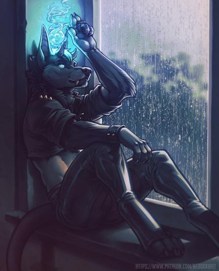 A hound sitting in a windowsill while it rains lighting a cigarette on the flame on his head.