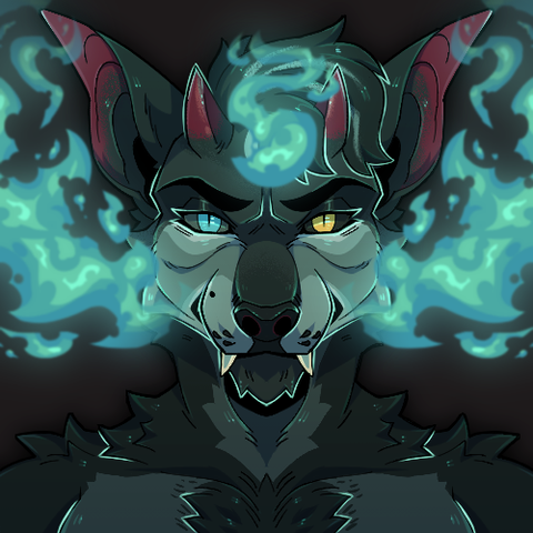 Headshot of a hound with blue flames surrounding him