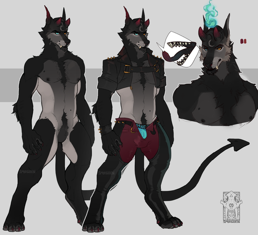 Reference sheet of a hound with horns and a flame on his head and a tail spade.