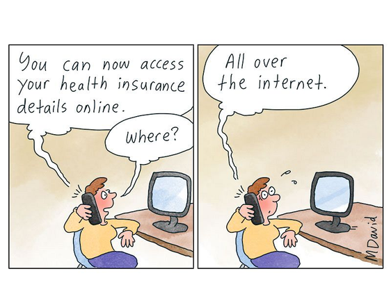 Image is in 2 frames. 
Frame 1 shows a person in front of a computer screen talking on a telephone to Medibank.
The conversation goes: 
Medibank: "You can now access your health insurance details online"
Person: "Where?"
Frame 2: 
Medibank: "All over the internet." 
Person looks shocked.