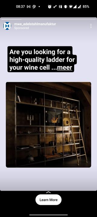An advert on Instagram for a wine cellar ladder with the caption "are you looking for a high-quality ladder for your wine cellar". The image is of a wine cellar set like a library with bottles instead of books and a fancy ladder.
