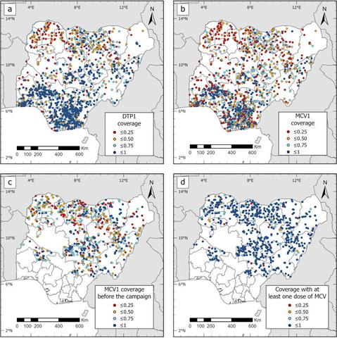 Cluster-level maps of MCV1 and DTP1 coverage (a and b, from DHS), and MCV1 coverage before the campaign and coverage with at least one dose of MCV by the end of the campaign (c and d, from 2019 PCCS), Nigeria