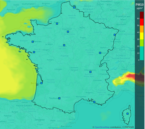 carte de la France concernant la qualité de l'air, tout est vert sauf la facade Altantique et une partie de la Manche