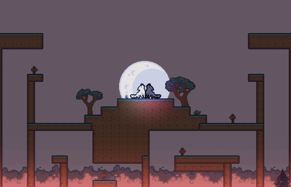 A 2D platformer screenshot, with two wolves howling at the moon.