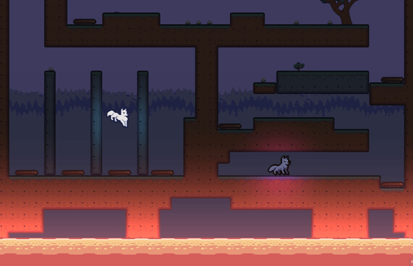 A 2D platformer with jump pads where a wolf is launched off one, and the other wolf is separated from it. Lava is rising.