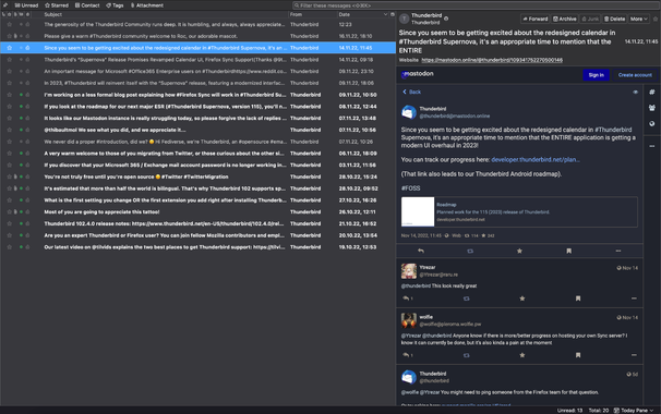 A screenshot of Thunderbird's Mastodon account posts being displayed inside of Thunderbird. this is made possible by RSS feeds.