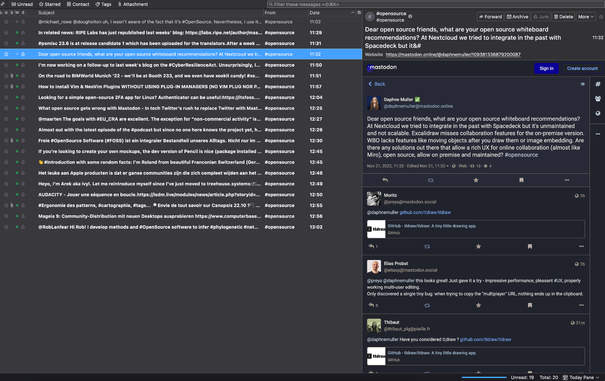 A screenshot of posts within the open source hashtag on Mastodon being read with Thunderbird, thanks to RSS.