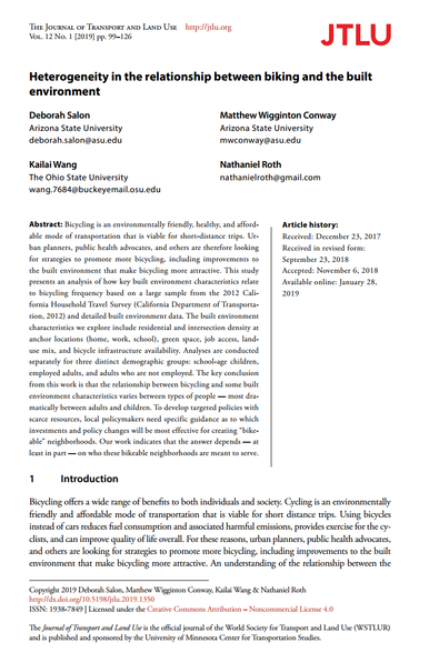 Screenshot of the first page of the article titled, "Heterogeneity in the relationship between biking and the built environment," by Salon et al, published 2019 by The Journal of Transport and Land Use. PDF available: https://www.jtlu.org/index.php/jtlu/article/view/1350/1226