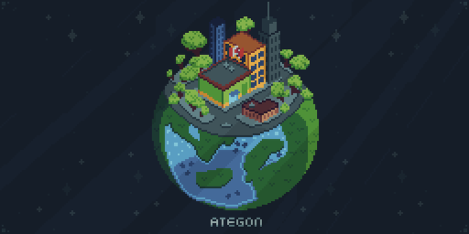 A small globe in space with grass and water. The top third of the globe is cut off and contains a small city with 5 buildings and a bunch of trees.