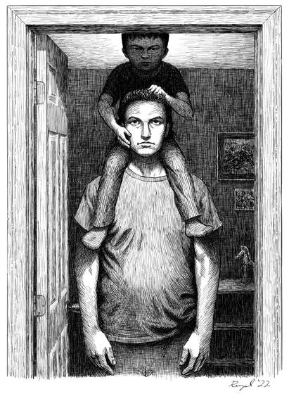 a black-and-white, hatchmark-heavy illustration by artist dan rempel. it shows a man in a doorway. he wears a neutral expression, his hands at his sides. seated on his shoulders, half-hidden in shadow, a small boy glares out at the viewer. he has one hand gripping, tightly, onto the man's hair, the other hand upon the man's cheek.