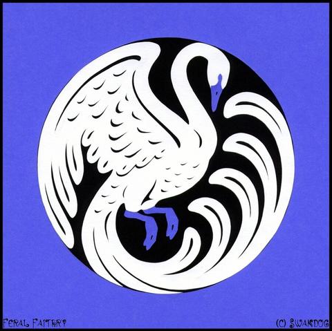 Papercutting of a fantasy swan with a phoenix tail, in layers of purple, black and white paper.