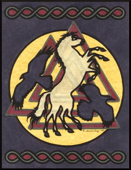 Many-layered papercutting of Odin's 8-legged horse, Sleipnir, and his two raven messengers, Hugin and Munin, overlaid on a Valknut symbol, and bordered by a repeating infinity symbol on top and bottom.