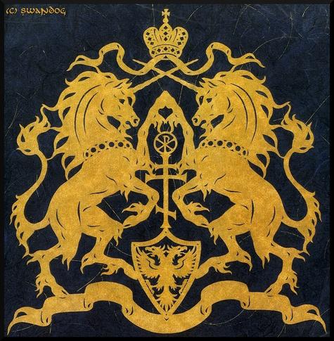 Papercutting of two rampant, heraldic unicorns, in a coat of arms style, with a crown, a double-headed imperial eagle on a shield, a cross with the chi rho symbol on top, and ribbon banners on both top and bottom.