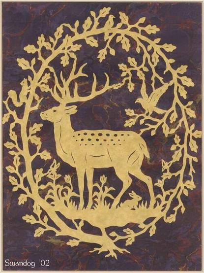 Papercutting of a stag surrounded by oak branches and flowers, which are hiding a rabbit, a bird, a squirrel, and a butterfly.