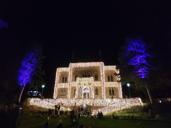 Mit Lichterketten beleuchtetes Colombischlössle mit lila beleuchteten Bäumen links und rechts daneben.