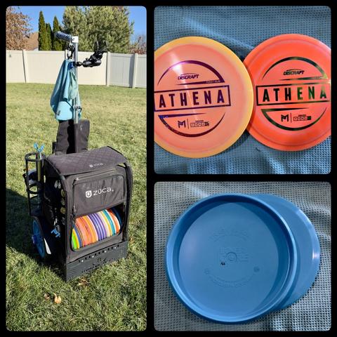 Disc golf cart set up, two Discraft Athena discs and two Trash Panda Inner Core discs