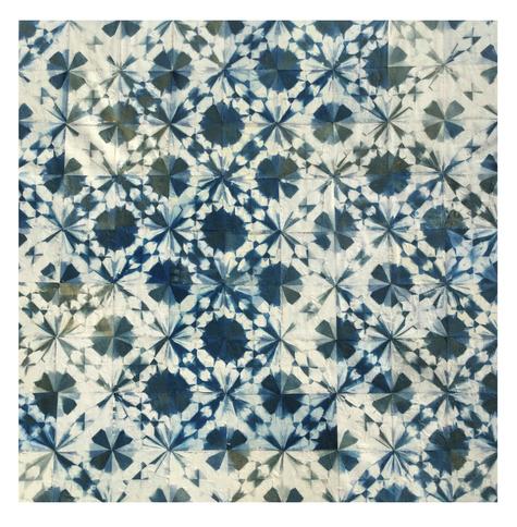 Square, blue and white geometrically patterned image. It's actually a collage of 81 individual cyanotypes. Each individual used to be an origmi crane. The individual images are a sort of picture of that crane form. Put together, the 81 make a repeating but varied pattern of circles criss-crossed with lines of sharp triangular shapes.