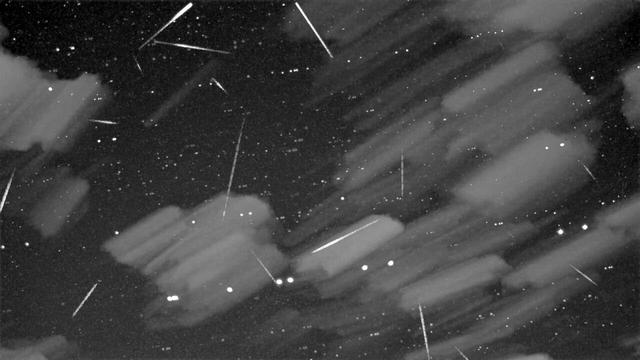 A stack of images of meteors burning up in the atmosphere over the course of one night.