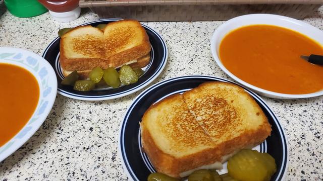 Homemade tomato soup and grilled cheese