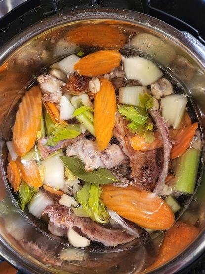 Photo of bones, onions, carrots and celery in the Instant Pot, ready to start cooking
