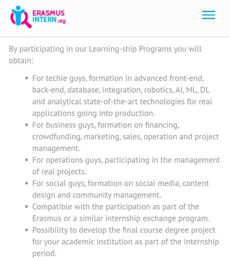 Kuvaus Erasmuksen "Digital Opportunities Traineeship"-harjoittelujakson sivuilta, jossa kerrotaan mahdollisuuksista "for techie guys, business guys, operations guys ja social guys"