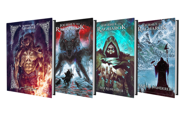 Vier Buchcover zu Journey to Ragnarok, einer epischen Kampagne für die fünfte Edition (5e) von Dungeons&Dragons, Eis, Runenmagie, ein riesiger Fenris-Wolf...