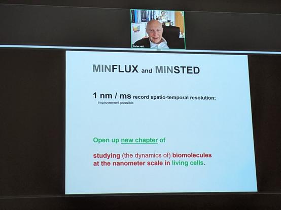 Picture of the screen in which Nobel Laureate Stefan W Hell presented some new data using the new microscopy technology MINFLUX and MINSTED