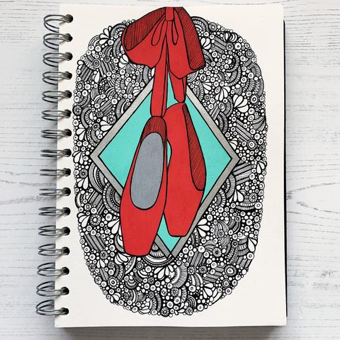 Illustration of red ballet shoes with pattern detail around them