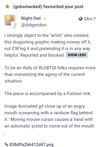 DM to mods "I strongly object to the "so clled artist's grpahic with no CW ,.. a long rant.  Alos objects to the Patron link. Monetyizing the agony of the situation .