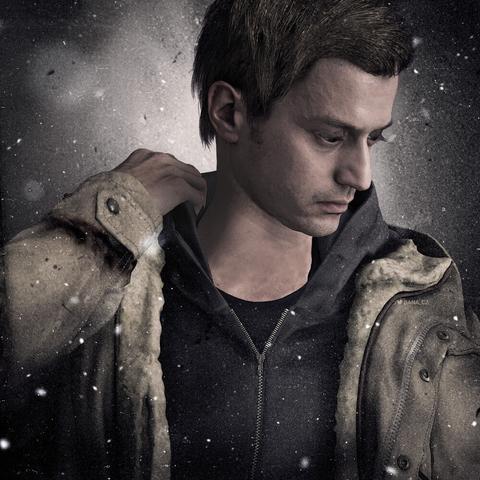 Fanart of a character from the game Resident Evil Village, Ethan Winters. Looking to the side and down, with right arm raised, adjusting his hoodie at his neck. Grunge, dirty/dusty/scratched texture and snow overlay, melancholy.
