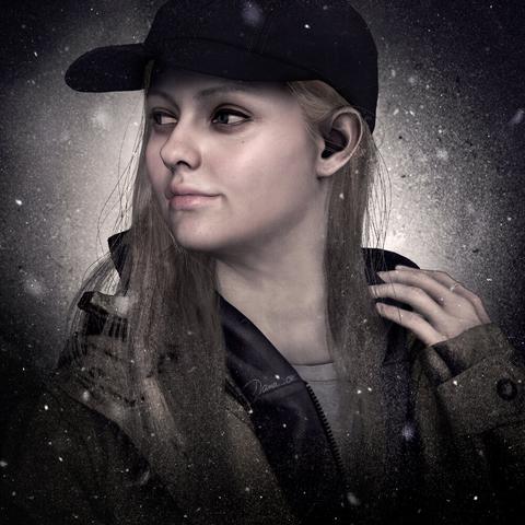 Fanart of a character from the game Resident Evil Village, Rosemary Winters, daughter of Ethan Winters. Standing half-turned, smiling slightly, looking in the distance to the left, her left hand on her hoodie on her shoulder. Grunge, dirty/dusty/scratched texture.