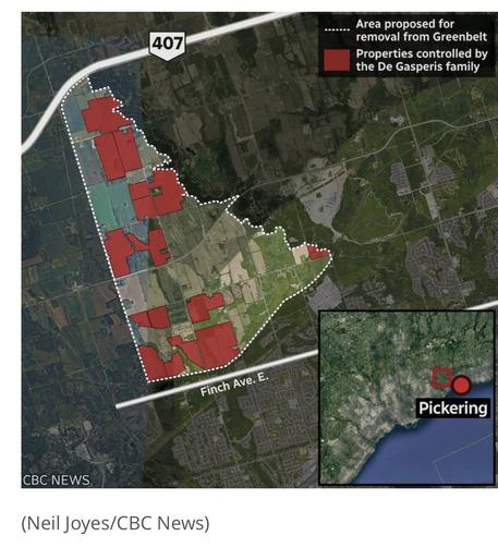 Map of part of North Pickering with an irregular shape outlined representing land proposed for removal from the Greenbelt. Inside the shape, between one third and one half of the land is marked red to show it is controlled by the De Gasperis family