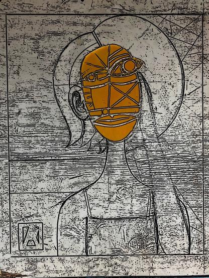 Work in progress…Orange stained glass face…of woman..mosaic…subject is sound sensitivities.