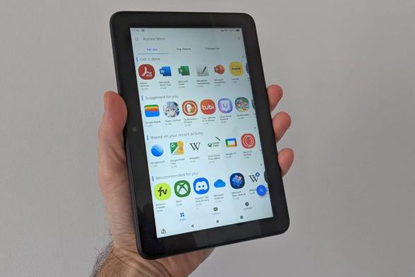 Amazon Fire 7 inch tablet with the Aurora Store on the screen