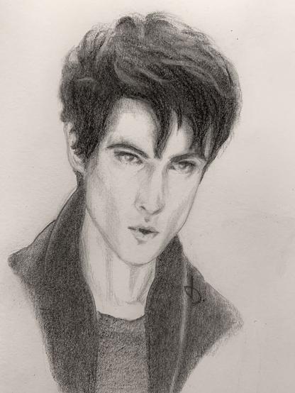 Black and white pencil drawing of Tom Sturridge as the Sandman