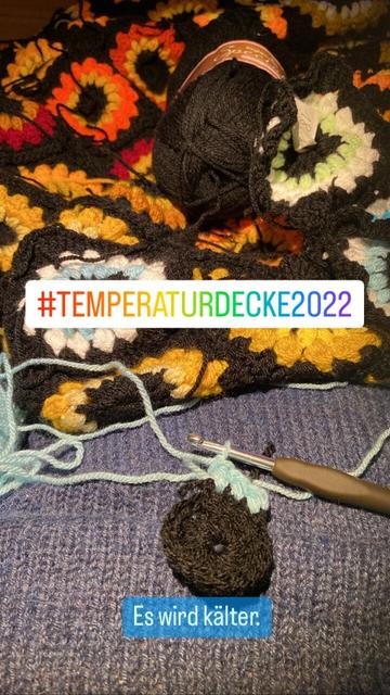 Temperaturdecke aus Grannysquares mit lauter unvernĂ€hten FĂ€den liegt auf meinem SchoĂ. Ein angefangenes Grannysquare und ein HĂ€kelhaken liegt auf meinem Haptic Sweater.
Text: Es wird kalt.
Sieht man daran, dass jetzt Blautöne dominieren.