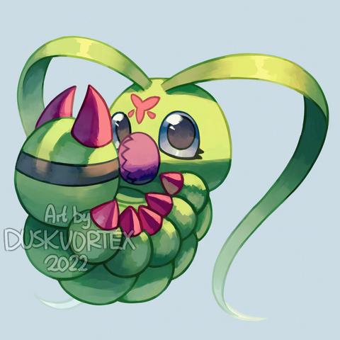 A digital painting of Wormmon from Digimon. It's half curled up, almost laying on back, tail in front of head, looking at the viewer with huge eyes. The painting uses overall warm and somewhat saturated colors, contrasting against a cooler and desaturated background color.