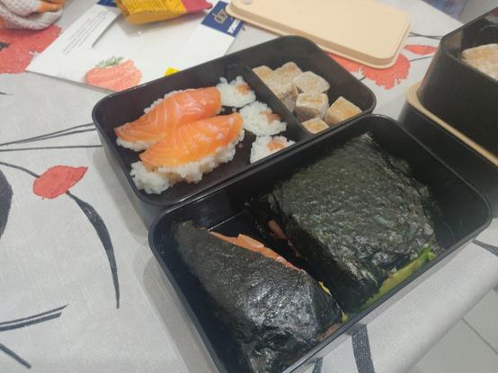 A bento box (japanese lunch box) with some homemade sushi. The result is mediocre at best, but I'll improve