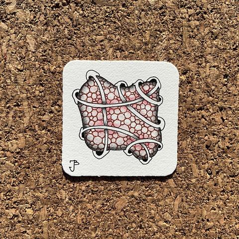 Zentangle art created by Jenn Brayton CZT36, Bijou tile with red shading