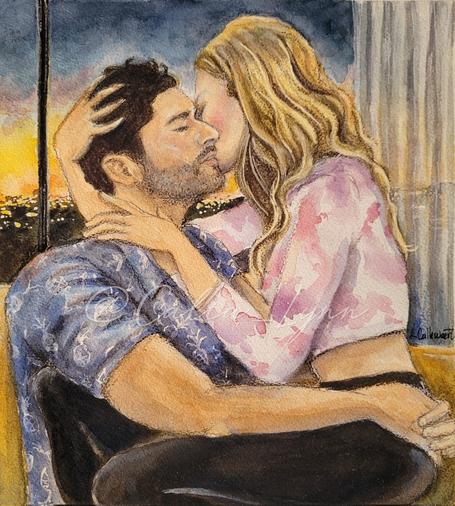 Sunrise, couple cuddling on couch.  Woman wakes up man with whispered soft words.